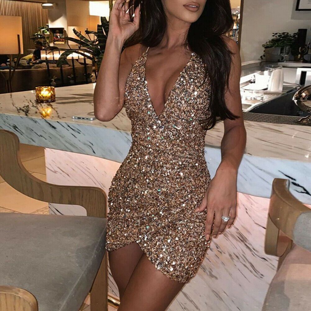 Compra Sexy Mujer Lentejuelas Brillo Brillo Profundo Cuello Halter Halter  Sin Espalda Bodycon Corto Mini Vestido Noche Fiesta Envoltura Cadera  Paquete De Paquete Barato | Entrega Rápida Y Calidad | Es.Dhgate