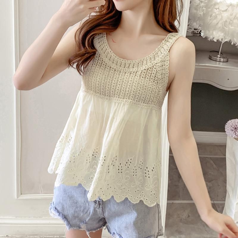 Blusas de las mujeres camisas coreano blanco sin mangas sin mangas de encaje de