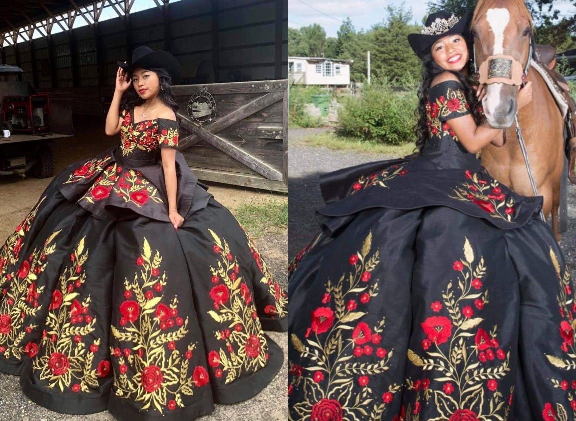 2022 Sexy Negro Rojo Flores Flores Quinceañas Vestidos V Vestidos en V  Cuello del hombro con
