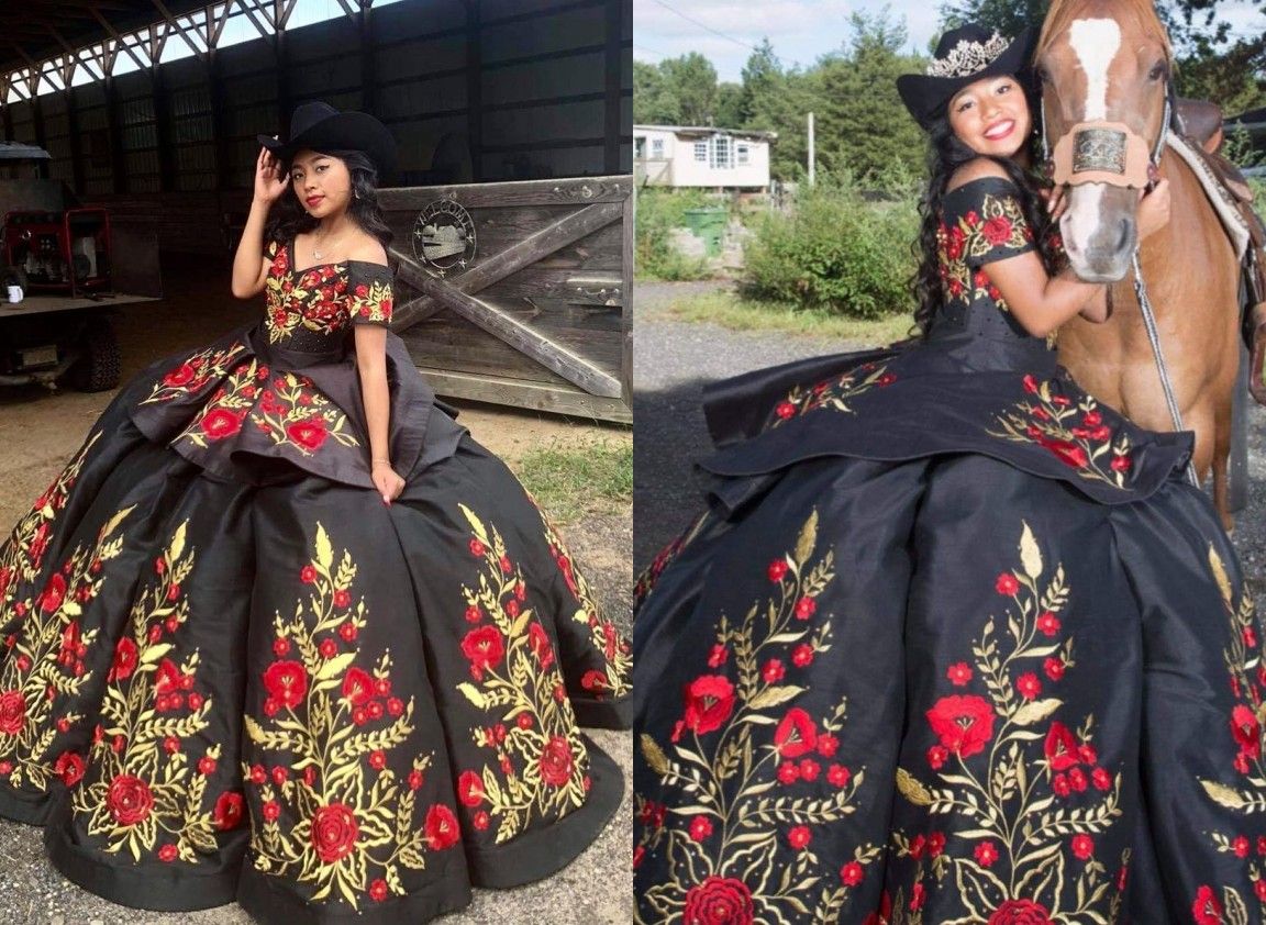 2022 Sexy Negro Rojo Flores Flores Quinceañas Vestidos V Vestidos en V Cuello del hombro con 2022 Sexy Negro Rojo Flores Flores Quinceañas Vestidos V Vestidos en V Cuello del hombro con