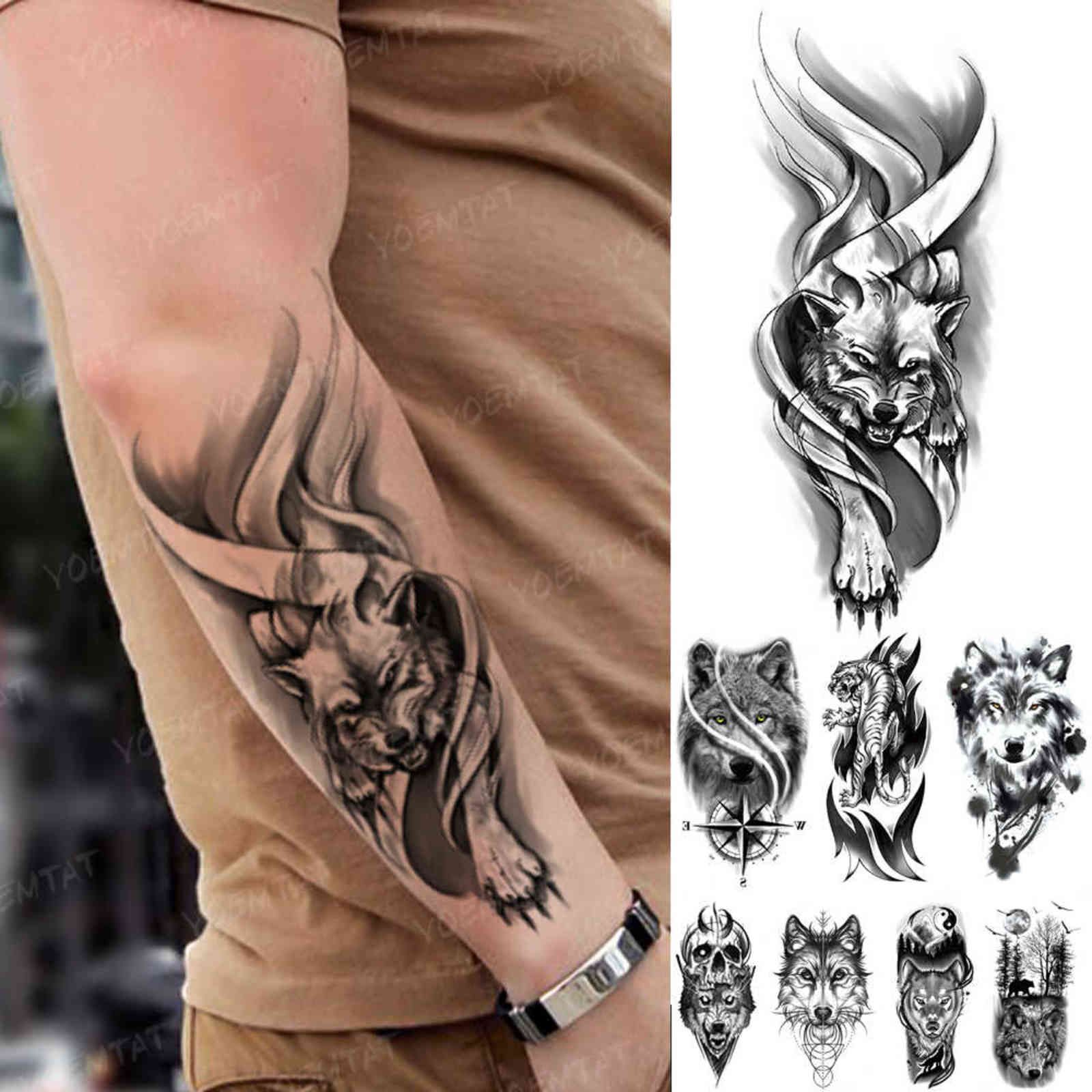 Waterproof Temporary Tattoo Sticker Wolf Tiger Forest Tatos Moon Bird Skull Body Art Arm Fake Sleeve tatto Stickers for Man Y1125 Waterproof Temporary Tattoo Sticker Wolf Tiger Forest Tatos Moon Bird Skull Body Art Arm Fake Sleeve tatto Stickers for Man Y1125