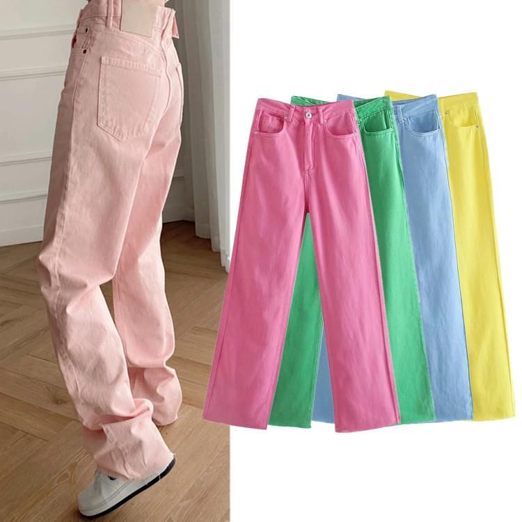 Women's Jeans Women Chic Fashion Five Pockets Coloured Wide-leg Vintage High Waist Zipper Female Denim Trousers Full Length Pants