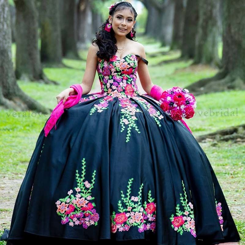 Charro quinceañera vestidos con cuentas floral apliques dulce 16 de  cumpleaños ropa de cumpleaños negro mexicano