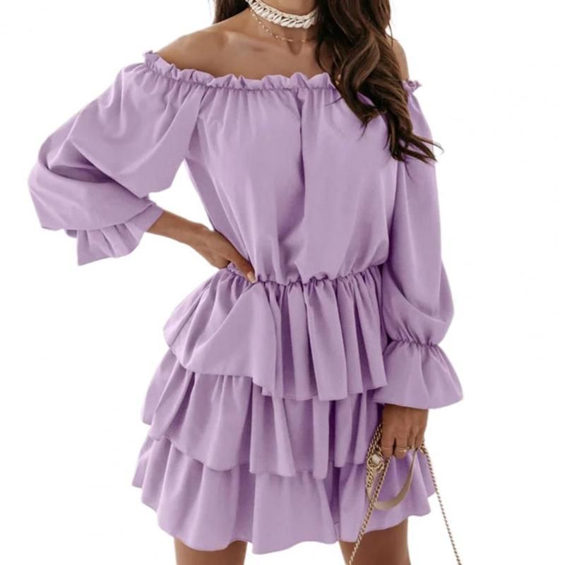 Compra Vestidos Casuales Elegante Vestido De Correas De Cuello De Color  Sólido Mujer De Manga Larga Con Volante Túnica Pastel Barato | Entrega  Rápida Y Calidad | Es.Dhgate