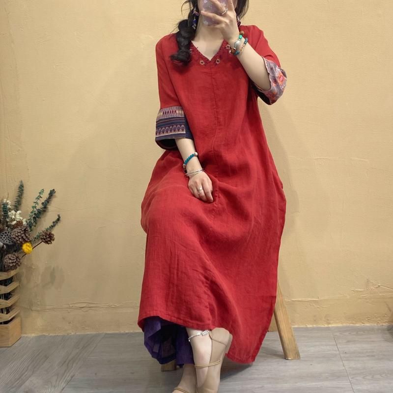 Compra Vestidos De Fiesta Mujeres Bordados En V Cuello De Verano Vestido De Lino  Para Mujer Vintage Lino Femenino Remiendo Femenino Pierde 2021 Barato |  Entrega Rápida Y Calidad | Es.Dhgate