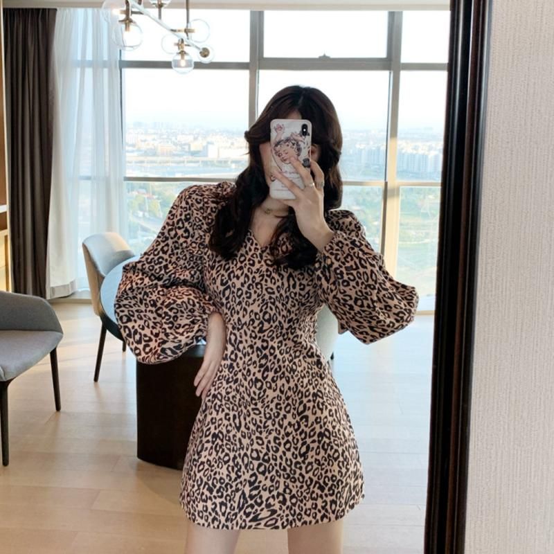 Vestido Mujer Invierno Estampado Leopardo Cuello En V Manga Vestido Mujer Invierno Estampado Leopardo Cuello En V Manga