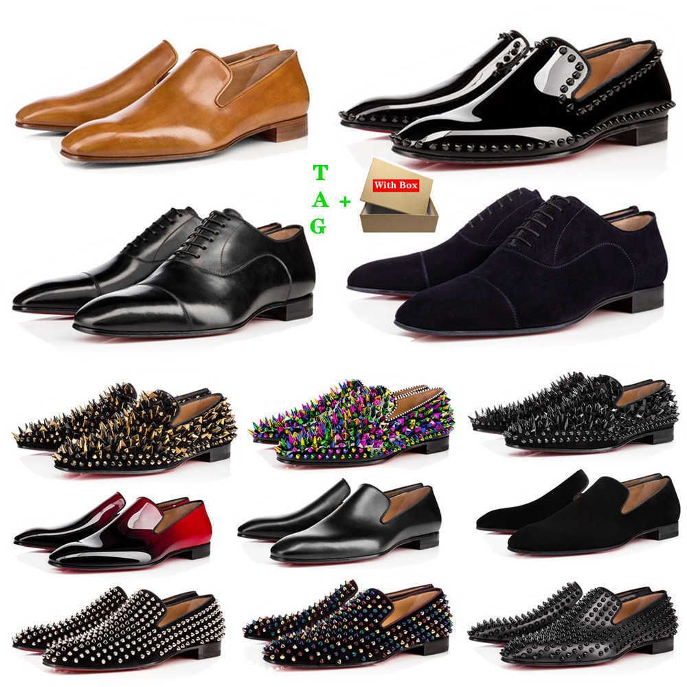 Brand Mens Red Bottom Shoes Designers Bajo Remaches planos Hombre Business Banquete Vestido Zapato Lujos de lujo Patas de gamuza Patas genuinas Estilista de cuero
