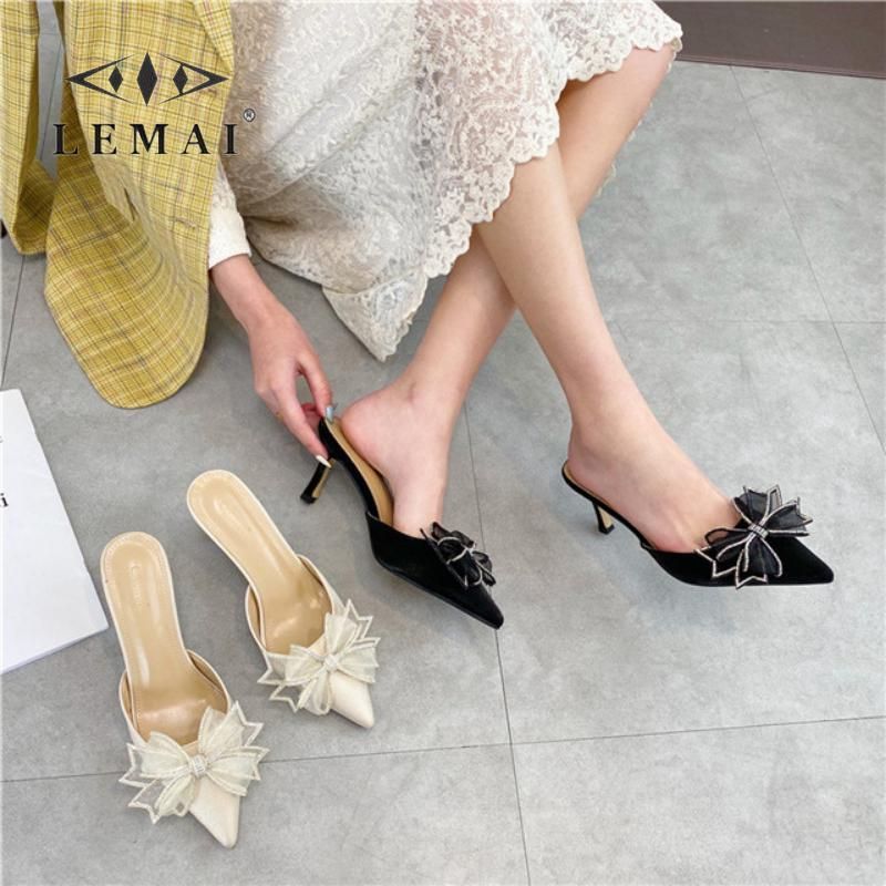Slippers Summer Pointed Toe Women's Shoes Sandals Rhinestone High-Heel Butterfly-knot Office Lady