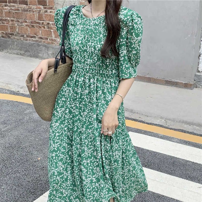 Abuso robo Mutuo Mujeres Floral Vestido Coreano Chic Summer Vintage Fresco O-Cuello Pliegues  Alta Cintura Para adelgazar Vestidos
