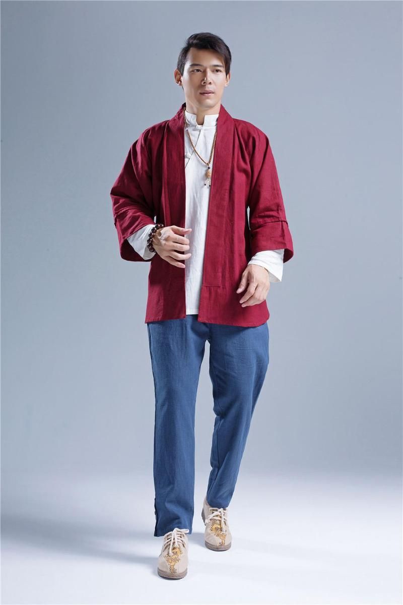 GRMO Men Plus Size Solid Cotton Linen 3/4 Sleeve Hanfu Cardigan