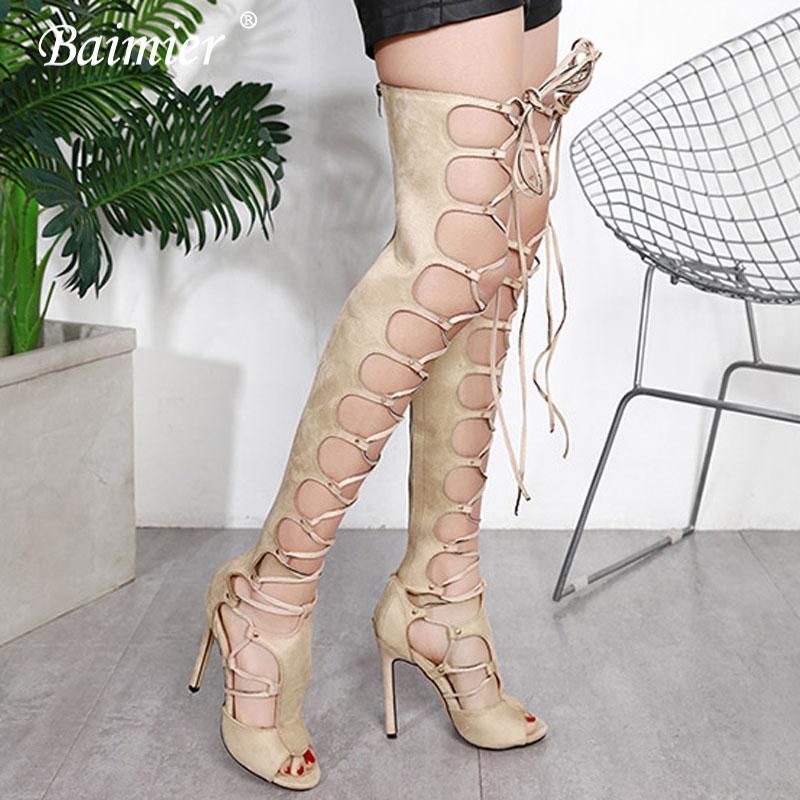 Gladiator Women High Heel Cross Lace up Stiletto Knee High Boots Sandals Bandage