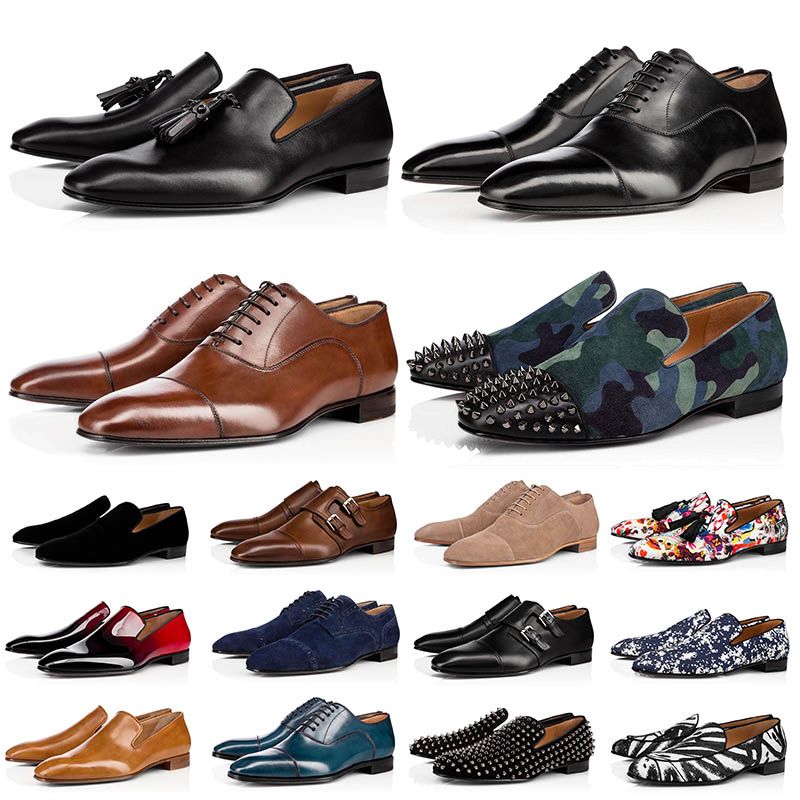 Nya Mens Loafers Skor Röda Bottoms Black Brown Suede Patent Läder Rivar Glitter Oxford Fashion Loafer Klänning Bröllop Business Office Career Party Size 39-47