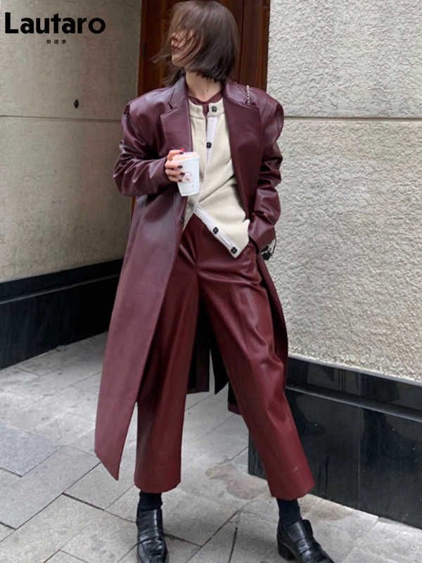 Lautaro Autumn Long Oversized Wine Red Leather Trench Coat for