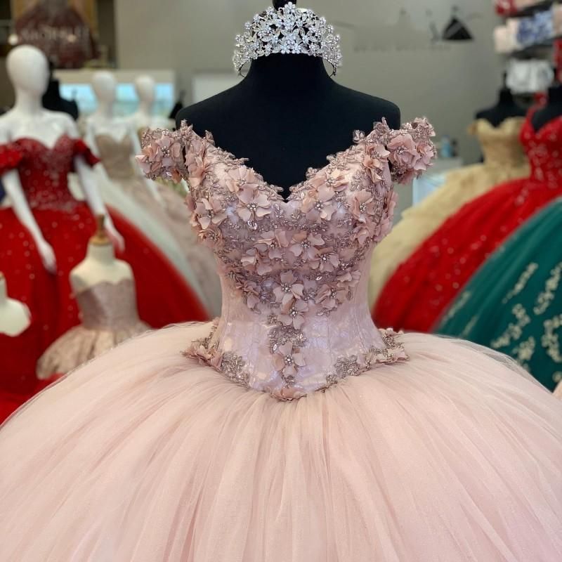 Pink 2021 Quinceanera Dresses 3D Floral Lace Exposed Boning Princess Ball Gown Puff Prom Gowns Off The Shoulder Sweet 16 17 Pageant Brithday Party Dress 15
