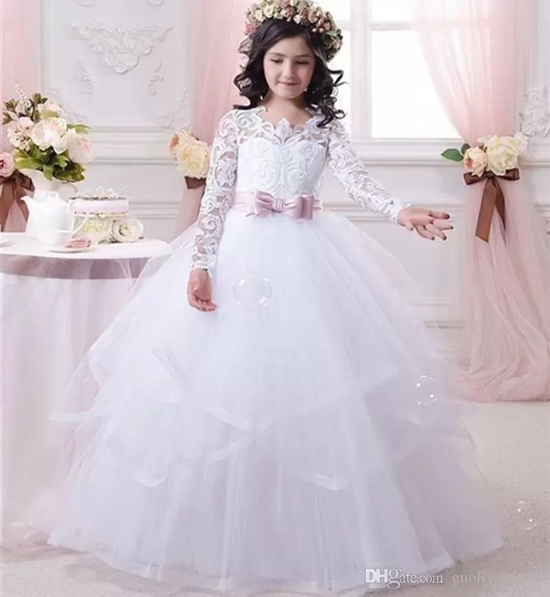 Nuevo estilo Vestidos de niña de flores blancas para bodas de encaje de manga larga de Nuevo estilo Vestidos de niña de flores blancas para bodas de encaje de manga larga de
