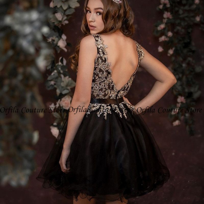 black and gold short prom dress