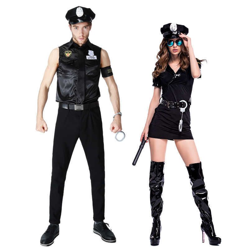 Halloween New Sexy Parejas Negras Masquerade Traje Policía Juego Uniformes Papel Jugando a Hombres Mujeres Trajes Halloween New Sexy Parejas Negras Masquerade Traje Policía Juego Uniformes Papel Jugando a Hombres Mujeres Trajes
