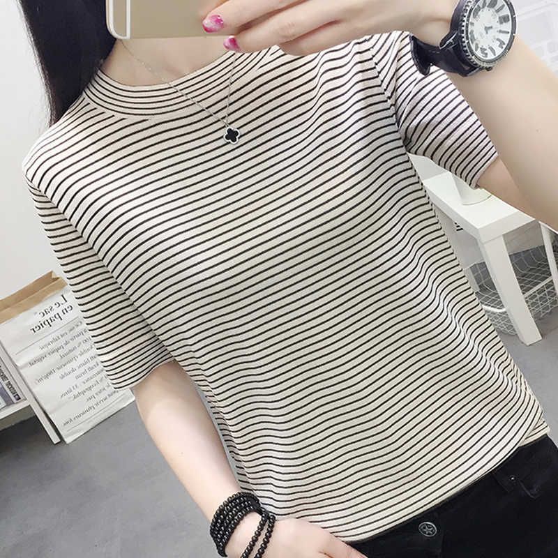 Blouses Top Femme Short Sleeve Kint Blouse Women Blusas Mujer De Moda Verano Striped Knitted Blouse Shirt Tops Women E819 210602