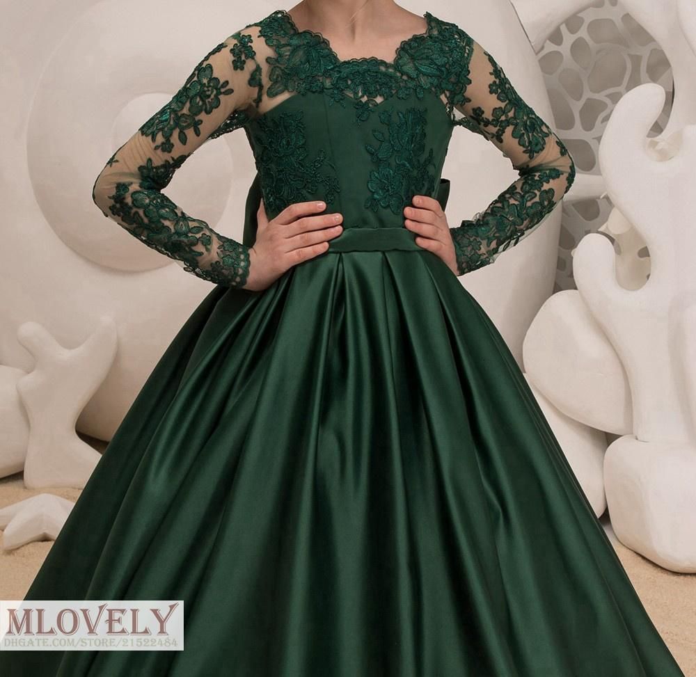 Vestidos casuales adorables Dark Green Satin Page Pageant niños en mangas largas para niñas de 4 Vestidos casuales adorables Dark Green Satin Page Pageant niños en mangas largas para niñas de 4