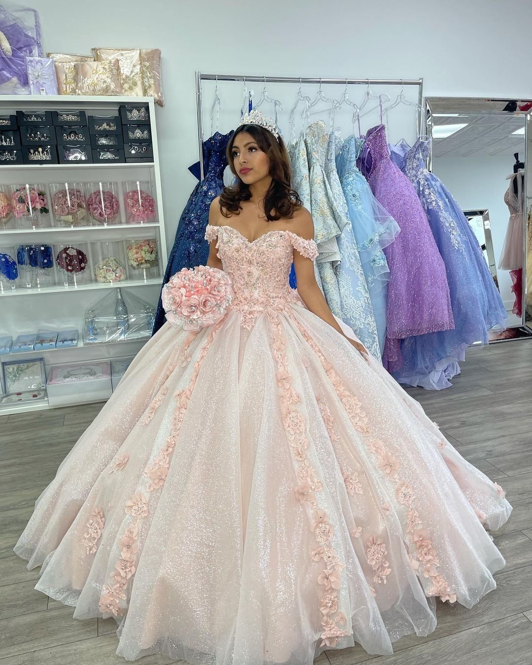 Beautiful Blush Pink 3D Floral Flowers Quinceanera Dresses 2022 Ball Gown Plus size Petite Puffy Girls Beautiful Blush Pink 3D Floral Flowers Quinceanera Dresses 2022 Ball Gown Plus size Petite Puffy Girls