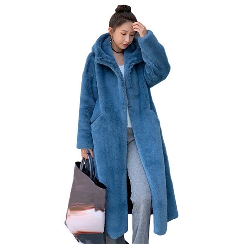 Women Winter Faux Fur Long Coat Thick Warm Hooded Imitation Mink Jacket Overcoat 