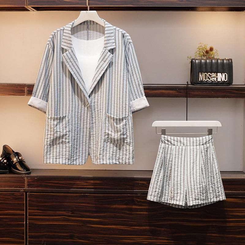 Two Piece Dress Size 2021 Women 5XL Three Sets Workwear Striped Single Button