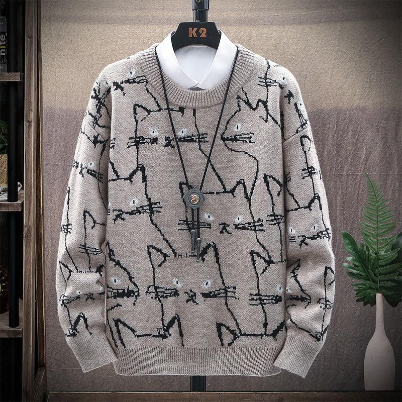 Man 3 Color Sweater Fashion Pullover Cotton Men Cat Printing Horse Korean Clothes Pull Homme Long Sleeve Coat Men's Sweaters
