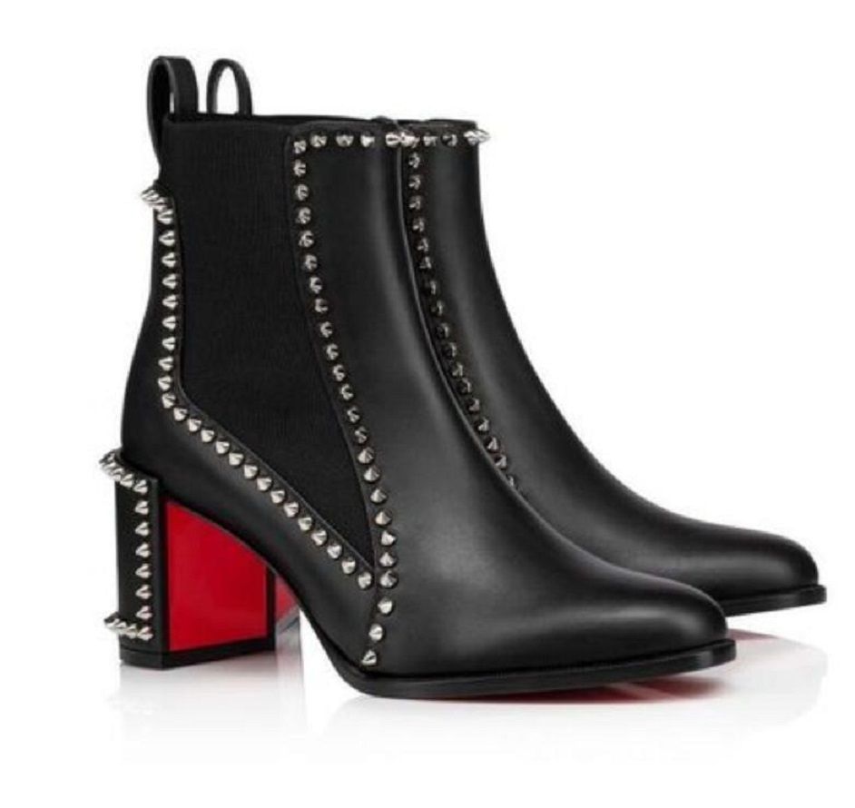Women Red Sole Boots Leather Out Line 