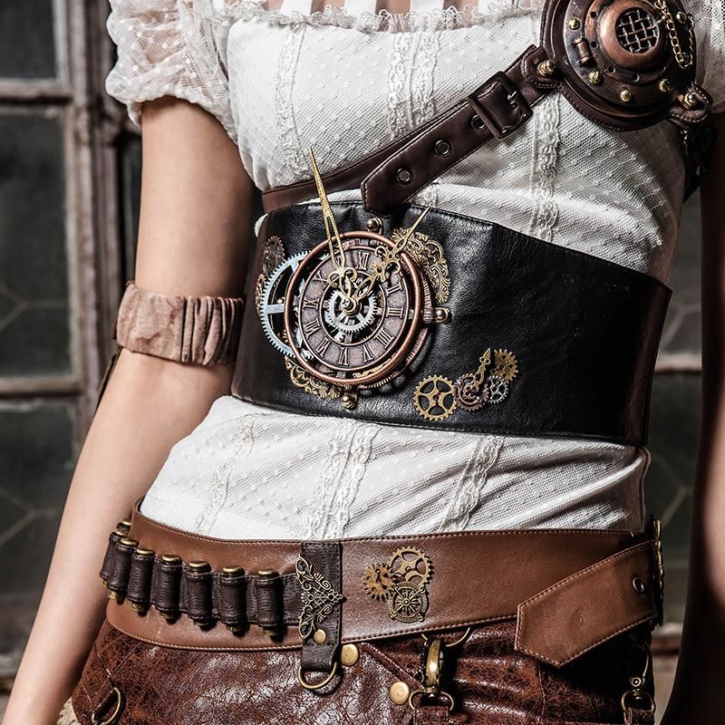 Cinturones Steampunk Mujer Dama Hebilla Amplia Cintura Retro Estirar Cintura Cinturón Moda con brújula de
