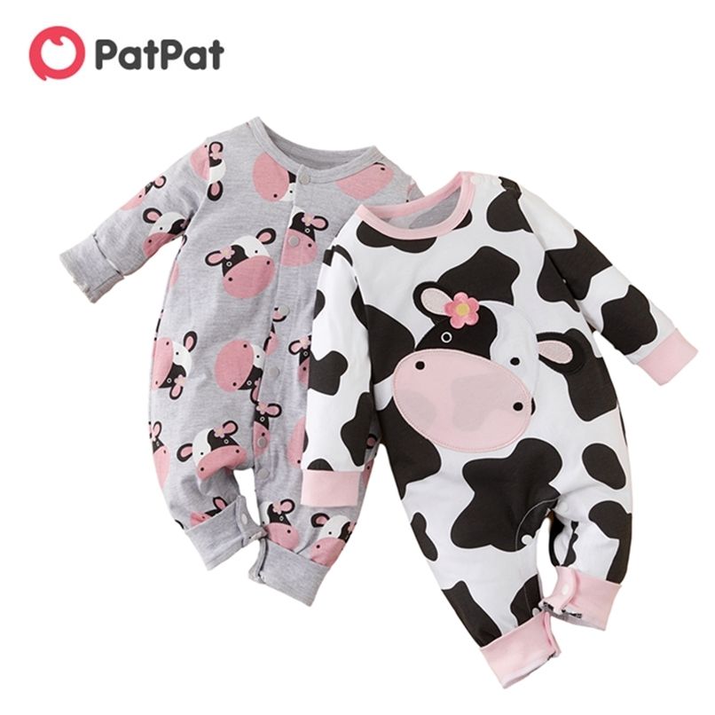 Patpat Spring otoño bebé vaca impresión mono para niñas niños 210729