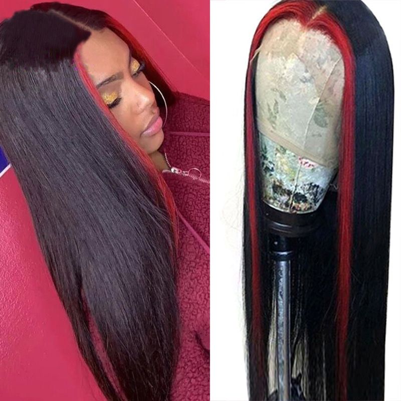 Highlight Red Blue Wigs Brazilian 100% Human Hair Straight 13*4 Lace Front Wig Highlight Red Blue Wigs Brazilian 100% Human Hair Straight 13*4 Lace Front Wig