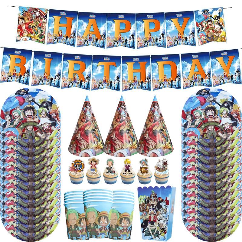 Disposable Dinnerware Anime ONE PIECE Luffy Balloon Banner Cake Toppers  Boys Birthday Party Decorations Supplies