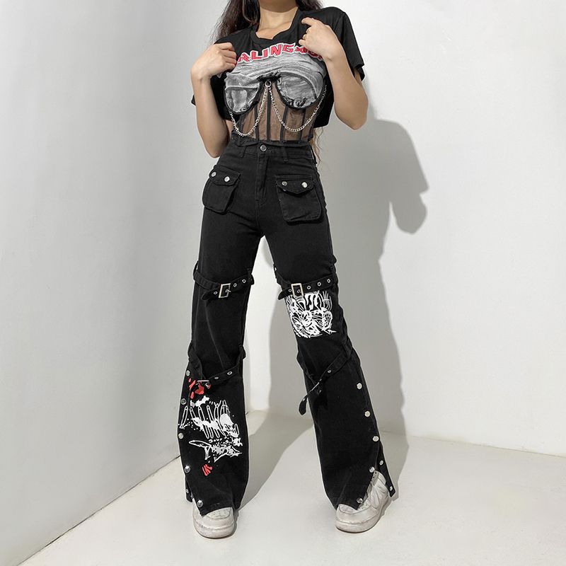 Compra Weekey Harajuku Mujeres Jeans Streetwear High Cintura Hip Hop  Fashion Pantalón Gótico Impresión Hebilla Suelta Pantalones De Mezclilla  Ocasionales Barato | Entrega Rápida Y Calidad | Es.Dhgate