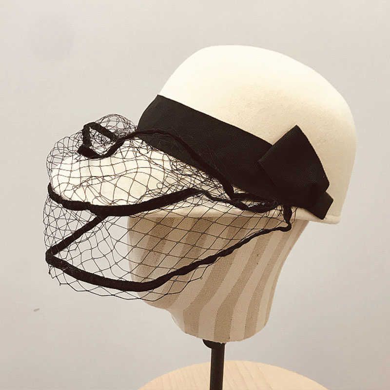 White Black Wool Visor Cap Fashion Veil 