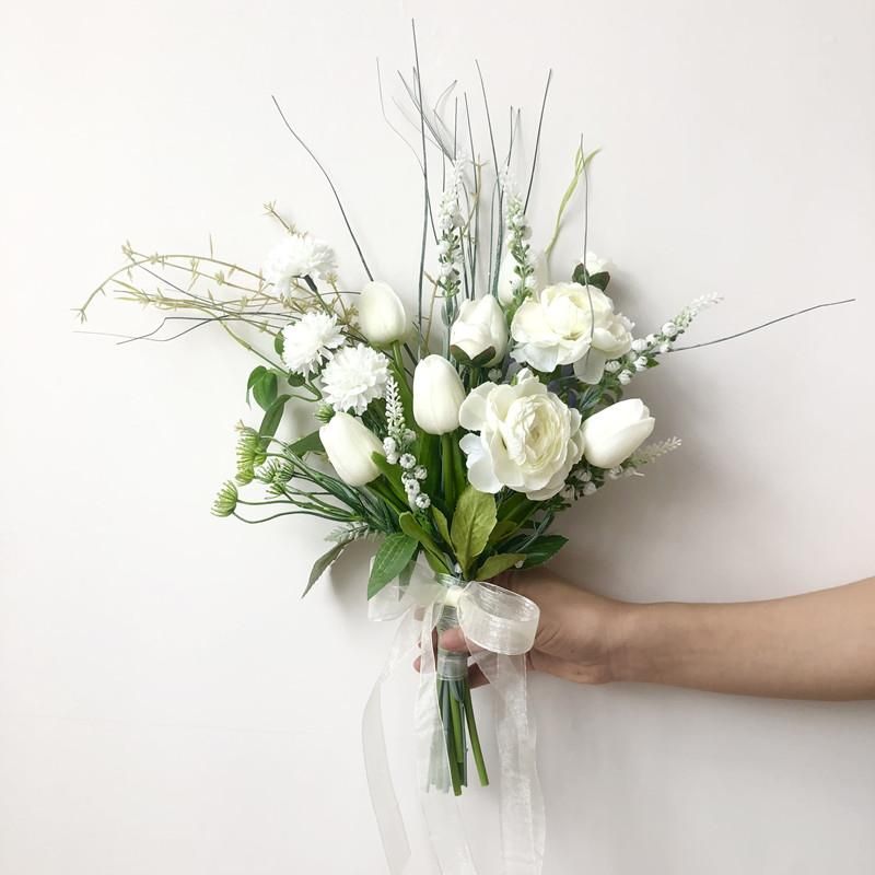 Wedding Flowers White Bouquet Handmade Artificial Flower Tulips Grass Buque  Casamento Bridal For Mariage Accessories