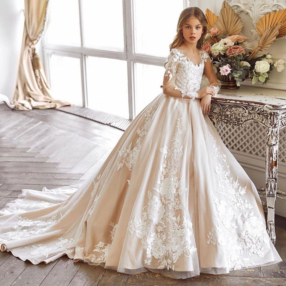 Elegante una línea de encaje vestido de niña de encaje para bodas mangas largas para niños pequeños Pagento vestidos Tulle Sweep Train Primera comunión Vestido Elegante una línea de encaje vestido de niña de encaje para bodas mangas largas para niños pequeños Pagento vestidos Tulle Sweep Train Primera comunión Vestido