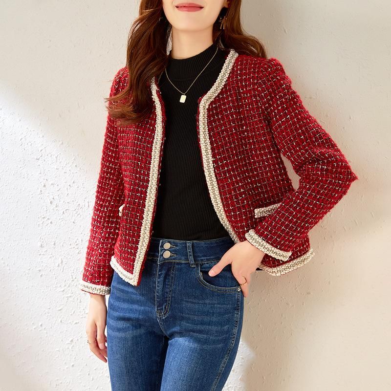Womens Jackets Red Plaid Tweed Wool 