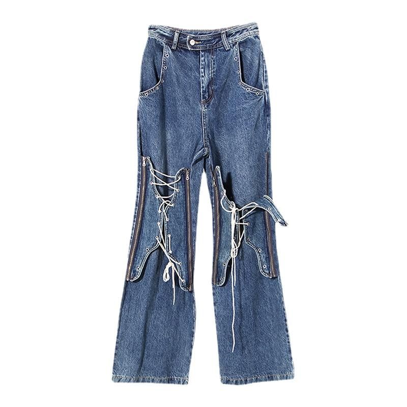 Compra Jeans Para Mujer 2021 Otoño Invierno Azul Suelto Vendaje Mujer  Personalidad Y Niche Diseño Sense Sense Flare Pantalones Barato | Entrega  Rápida Y Calidad | Es.Dhgate