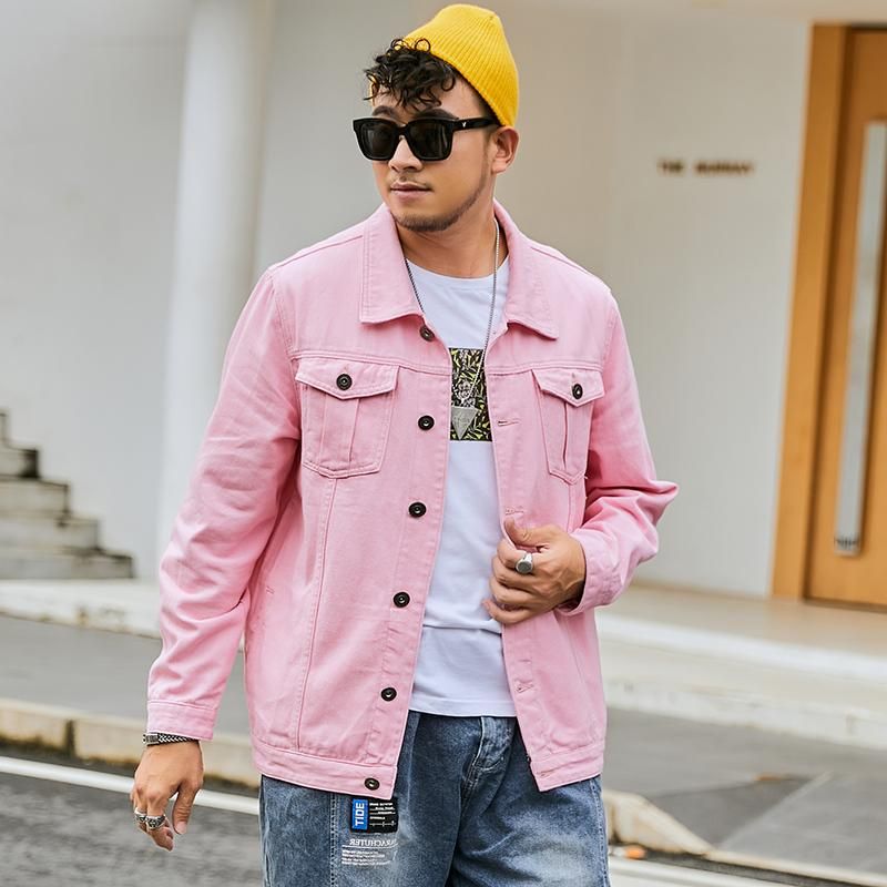 Plus Size Men's Denim Jacket Pink Loose Fashion Casual Jean Coat Male  Oversized Simple Solid Color Outerwear 6XL 7XL 8XL