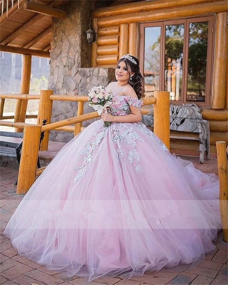 Moderno rosa tul bola vestido quinceañera vestidos de hombro flores 3d dulce 16 fiesta desgaste princesa vestidos XV Vestidos de 15