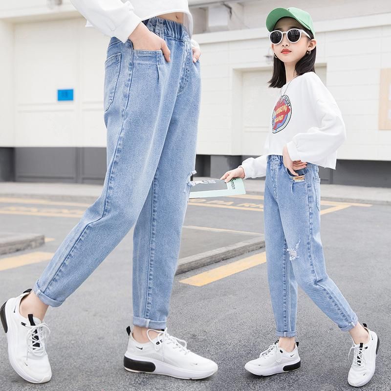 Acquistare Jeans Adolescente Bambini Ragazze Moda Moda Elastico Vita Denim Pantaloni  Bambini Solido Ragazza Pantaloni Strappati Vestiti 4 13 Y Economico |  Consegna Veloce E Qualità | It.Dhgate