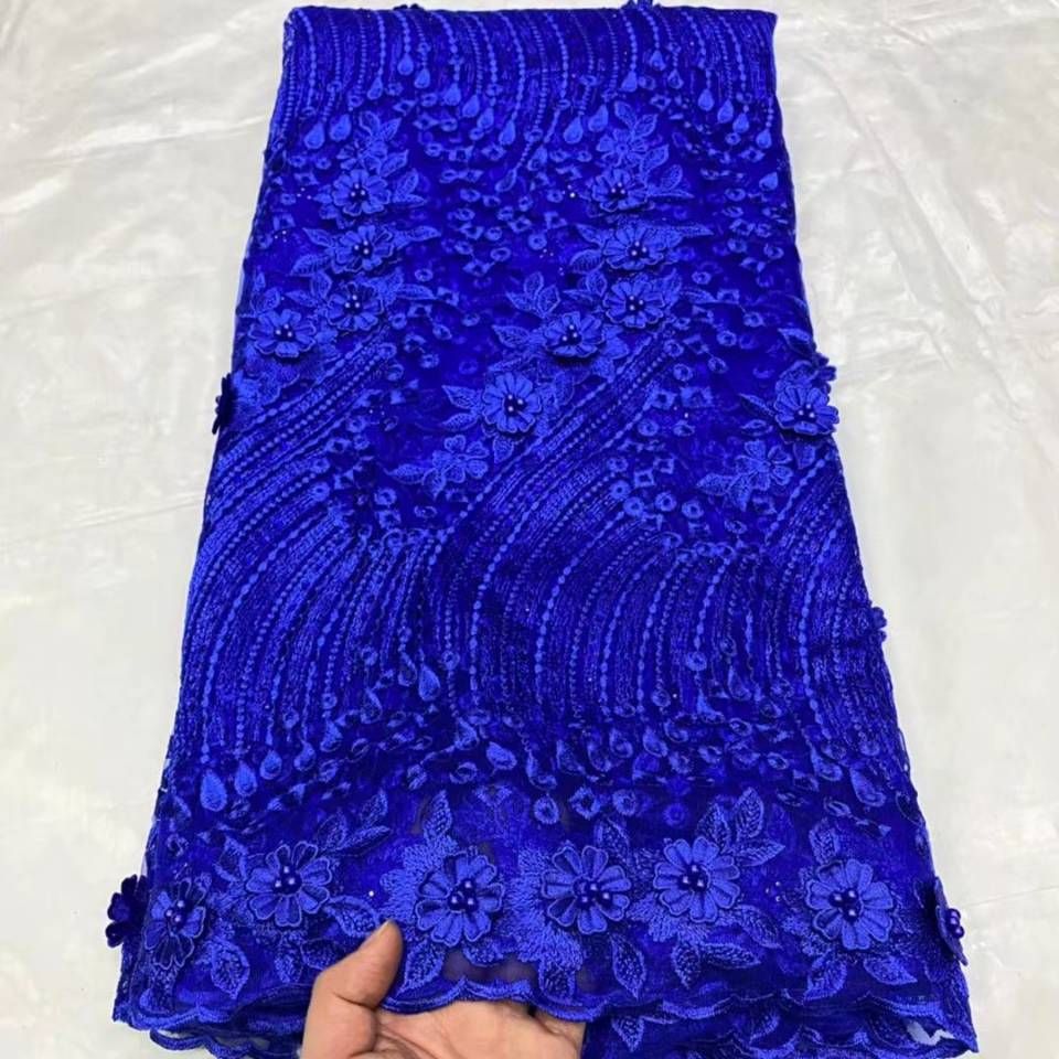Milylace 5 Yards African Lace Fabrics with Beads French Nigerian Floral Embroidery Mesh Lace Tulle Lace Royal Blue 