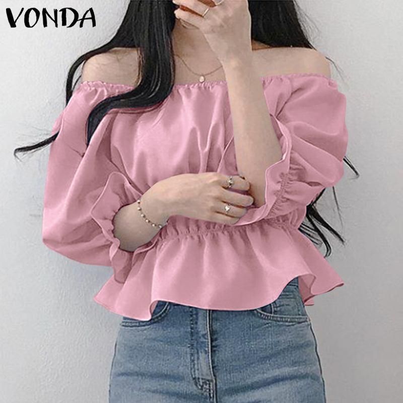 Blusas de las mujeres S- Mujeres Cultivos Tops Vonda Casual Sólido Sólido Blusa Blusa