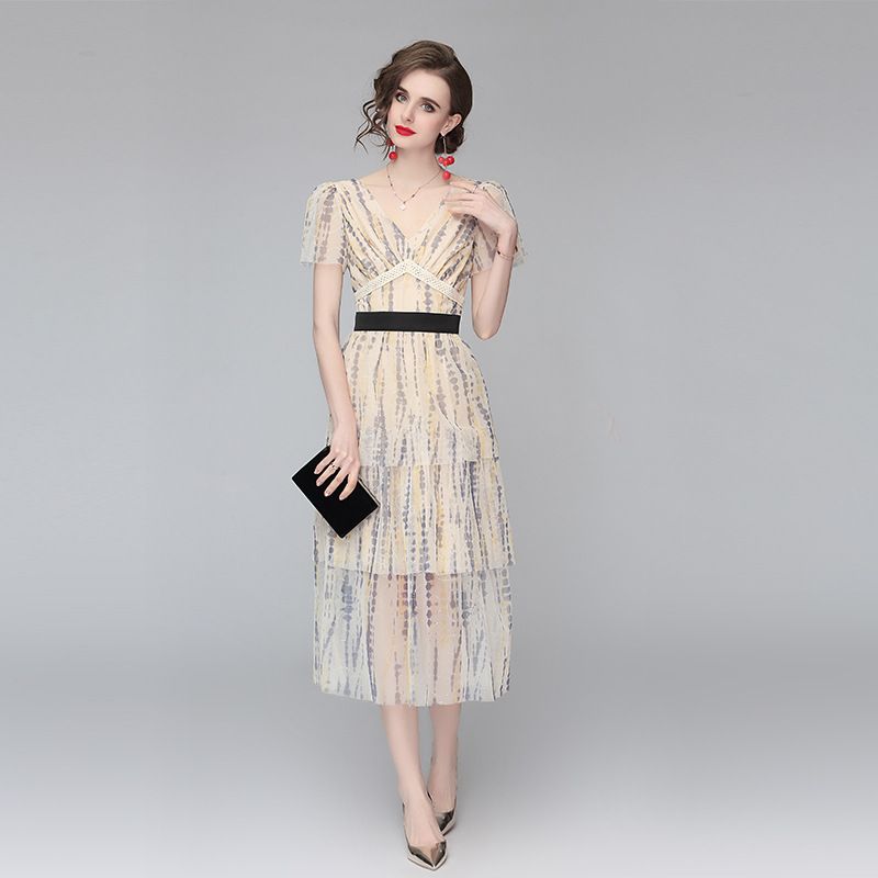 Compra Moda Elegante Vestido Formal 2021 Vestidos De Torta De Impresión De  Malla De Mujer De Verano Vestidos De Manga Corta Con Cuello En V  Lentejuelas Deco Barato | Entrega Rápida Y