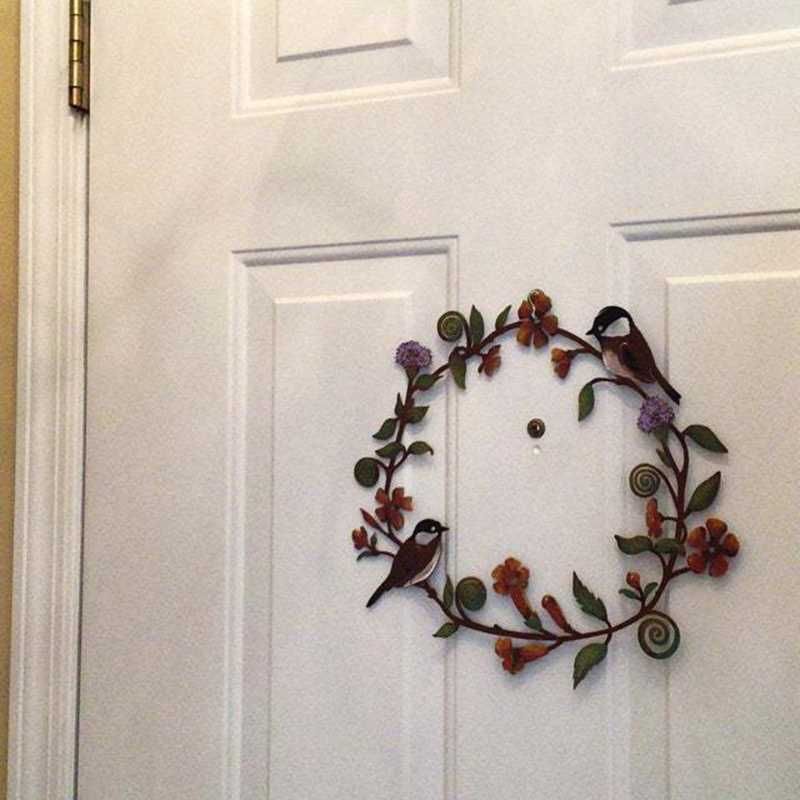 Chickadees Flowers Metal Art Wreath Decor for Door Window Wall Hanging Home 