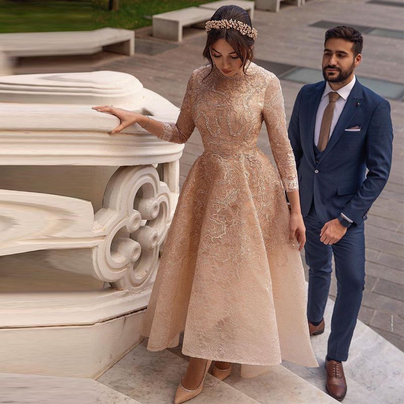 رشيقة العربية Aso Ebi الرباط مسلم حفلة موسيقية فساتين السهرة غير المتكافئة حافة تنحنح حبة حبة الرقبة العالية ثلاثة كواء كم مناسبة خاصة 2021 من Wevens 591 03ر س موبايل Dhgate