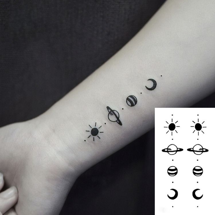 Small Tattoo Flsah Tatoo Waterproof Sticker Body Art Black And White  Drawing Planet Sun Moon Star
