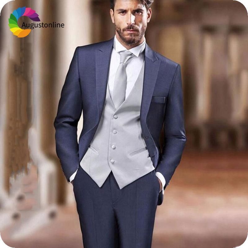 Compra Italiano Azul Marino Azul Se Adaptan Los Trajes De Los Hombres Del  Azul Marino De La Solapa Chásal De Gris Delgado Delantero Del Novio De La  Boda Ternos Groomsmen Traje Blazer