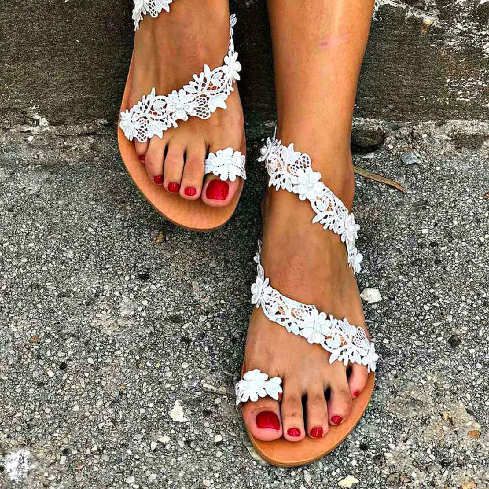 Zomer vrouwen wit platte sandalen luxe parels bruids bruiloft schoenen kant  bloemen enkelriem strand sandalen Romeinse