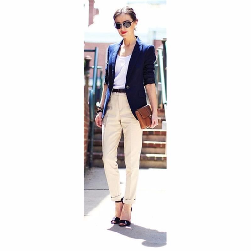 navy jacket tan pants